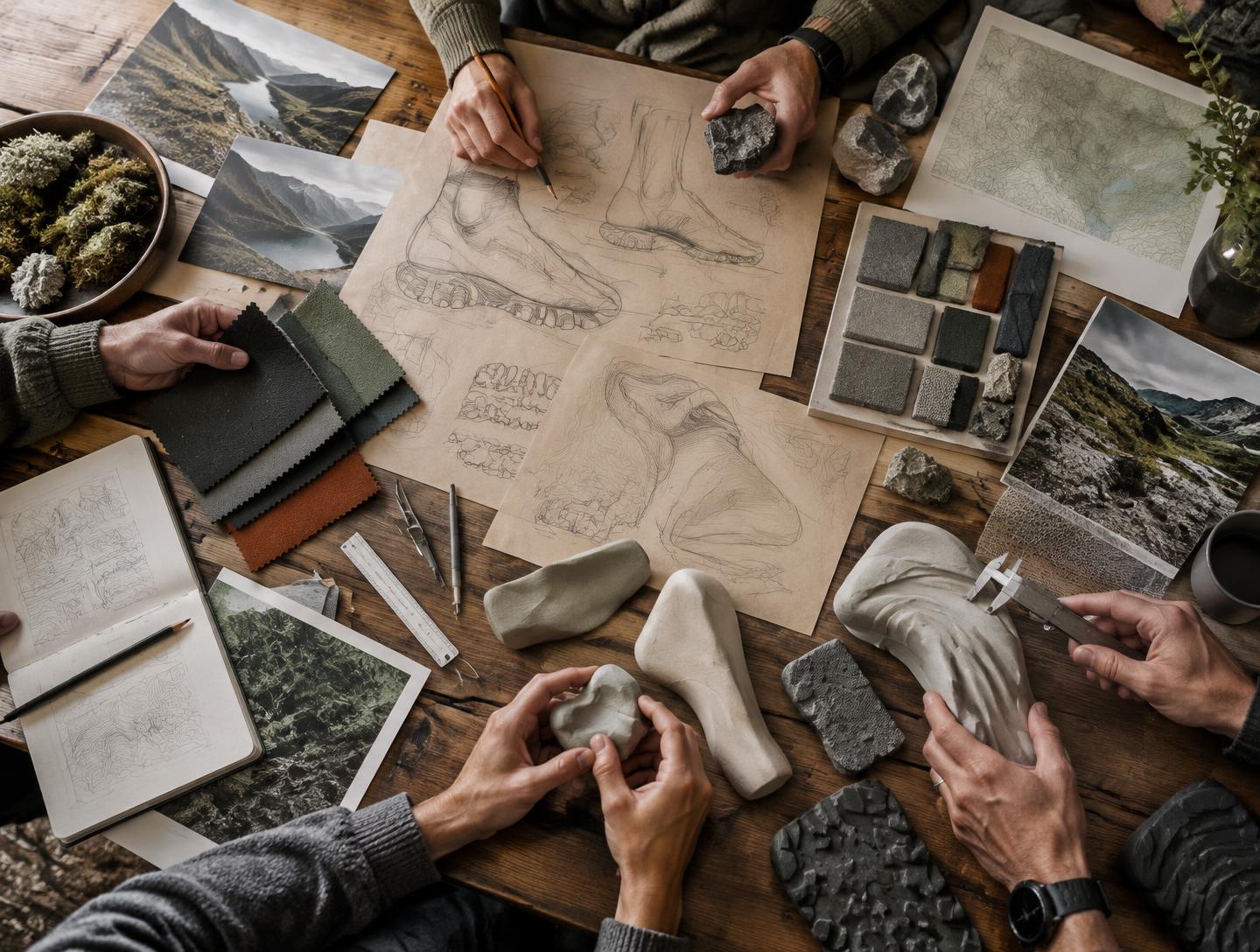 Hands, sketches, tools, and material studies arranged around a collaborative design table